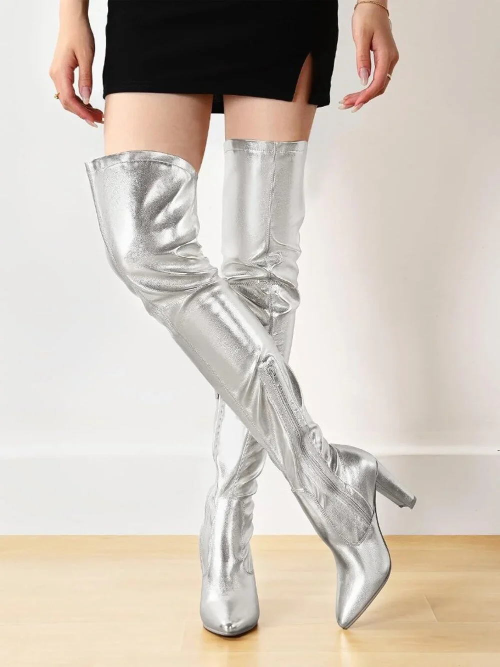 Women's Silver Stretch Suede Chunky Heel Over The Knee Thigh High Boots
